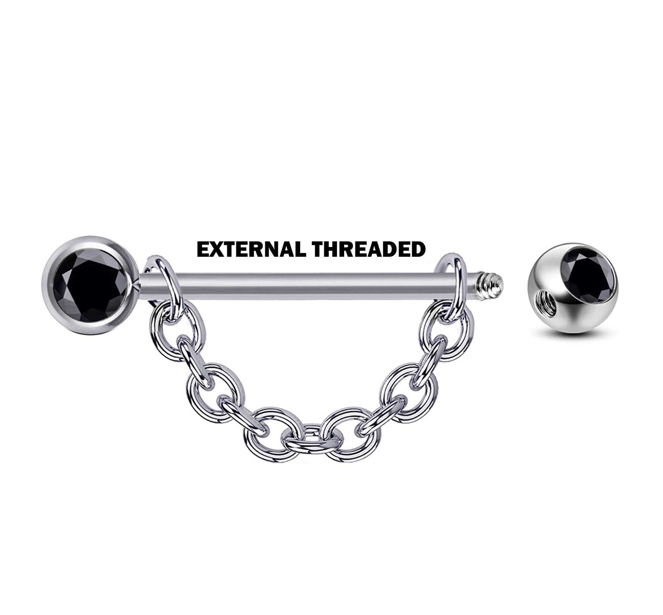 Nipple Barbell Front Gem CZ Crystal with Piercing Chain - Titanium Nipple Jewelry Studs 16g 14g Nipple Shield - Externally Threaded