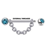 Nose Bridge Barbell Front Gem CZ Crystal, Titanium Barbell Studs with Chain 16g 14g Body Piercing Jewellery - Externally Threaded