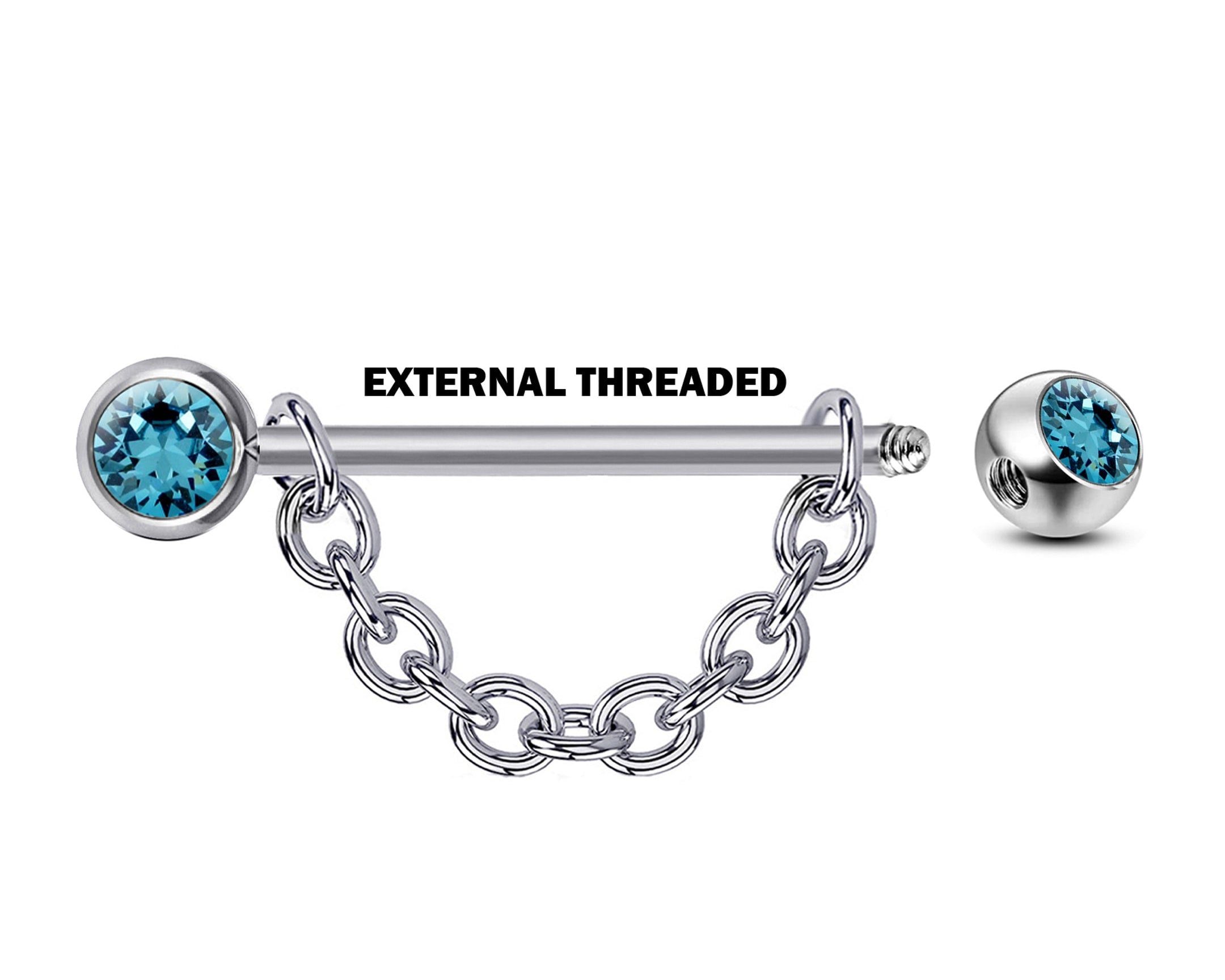 Nose Bridge Barbell Front Gem CZ Crystal, Titanium Barbell Studs with Chain 16g 14g Body Piercing Jewellery - Externally Threaded