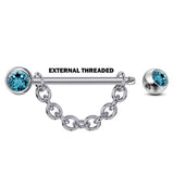 Nipple Barbell Front Gem CZ Crystal with Piercing Chain - Titanium Nipple Jewelry Studs 16g 14g Nipple Shield - Externally Threaded