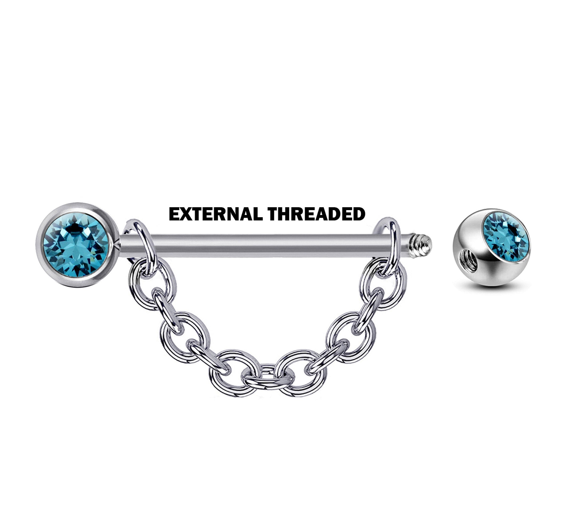 Nipple Barbell Front Gem CZ Crystal with Piercing Chain - Titanium Nipple Jewelry Studs 16g 14g Nipple Shield - Externally Threaded