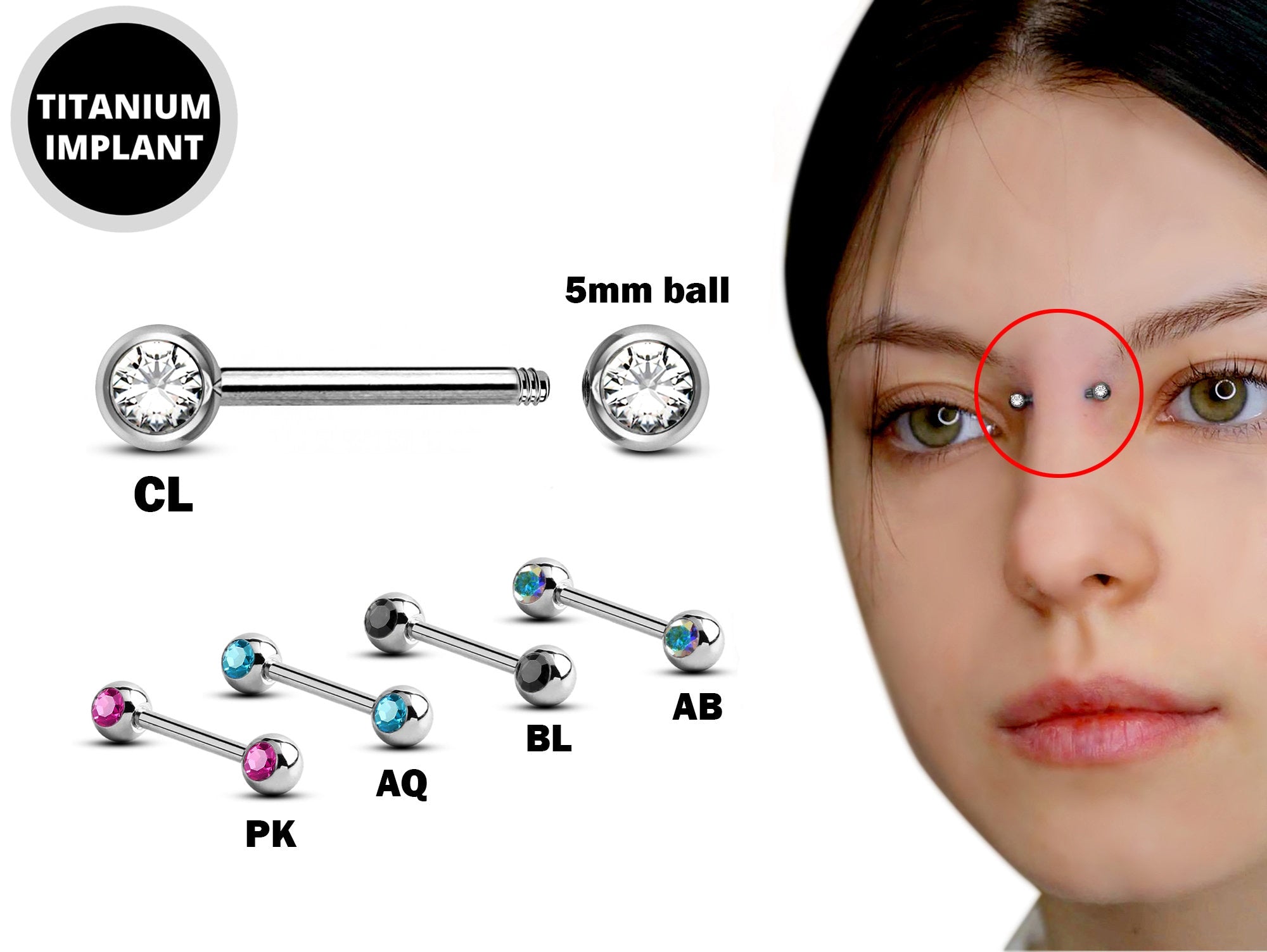 Titanium Nose Bridge Barbell Front Gem CZ Crystal, Barbell Studs 16g 14g Body Piercing Jewellery - Externally Threaded