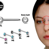 Titanium Nose Bridge Barbell Front Gem CZ Crystal, Barbell Studs 16g 14g Body Piercing Jewellery - Externally Threaded