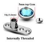 Internal Dermal Anchor Piercing, Collar Bone Piercing with Gem CZ Crystal - Titanium 14G Micro Dermal Implant Skin Jewelry