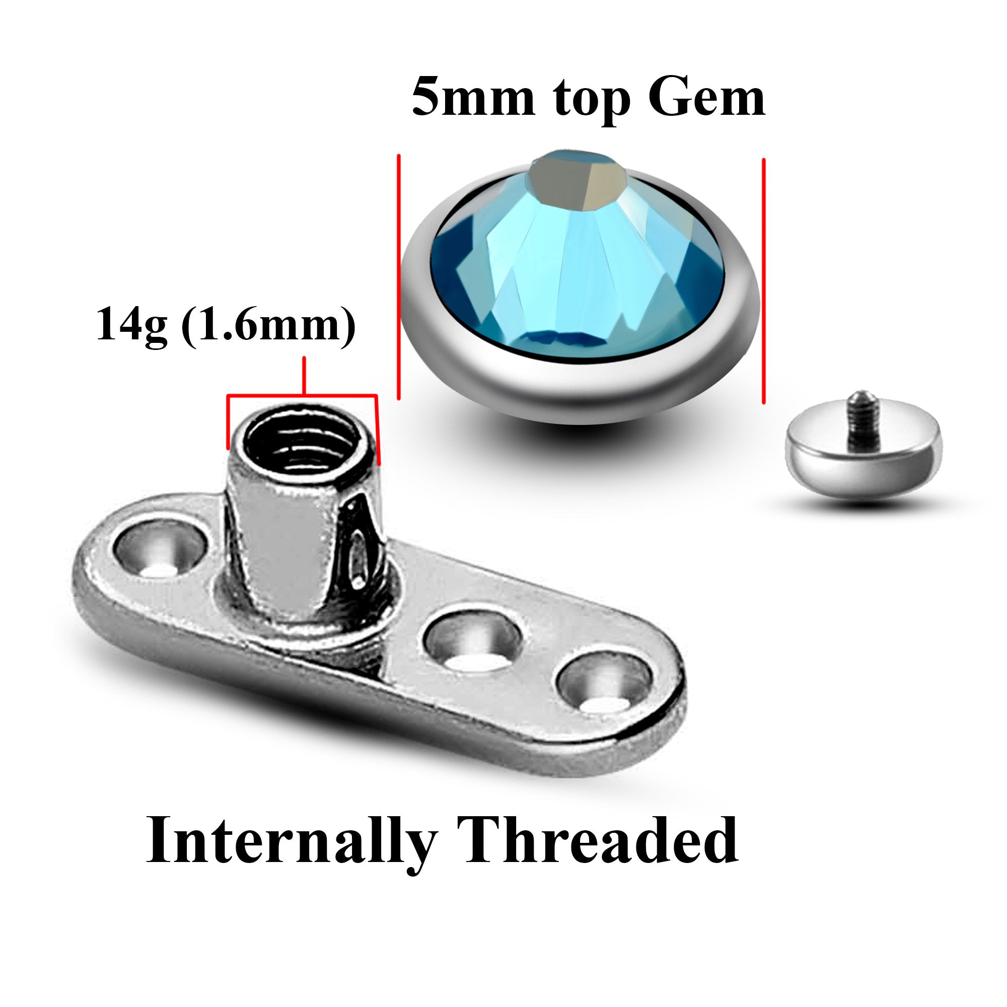 Internal Dermal Anchor Piercing, Collar Bone Piercing with Gem CZ Crystal - Titanium 14G Micro Dermal Implant Skin Jewelry