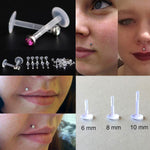 Flexible Labret Retainer - 6 pieces - 16G Labret with Top Gem CZ Crystals - Bioplast Labret - Hide Piercing Lip Labret - Clear Transparent