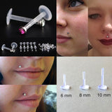 Flexible Labret Retainer - 6 pieces - 16G Labret with Top Gem CZ Crystals - Bioplast Labret - Hide Piercing Lip Labret - Clear Transparent