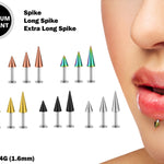 Spike Labret Lip Piercing Stud with Colorful Top Spike, Long Spike and Extra Long Spike Titanium 14G (1.6mm) Flat Disc Back also for Tragus