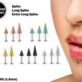 Spike Labret Lip Piercing Stud with Colorful Top Spike, Long Spike and Extra Long Spike Titanium 14G (1.6mm) Flat Disc Back also for Tragus