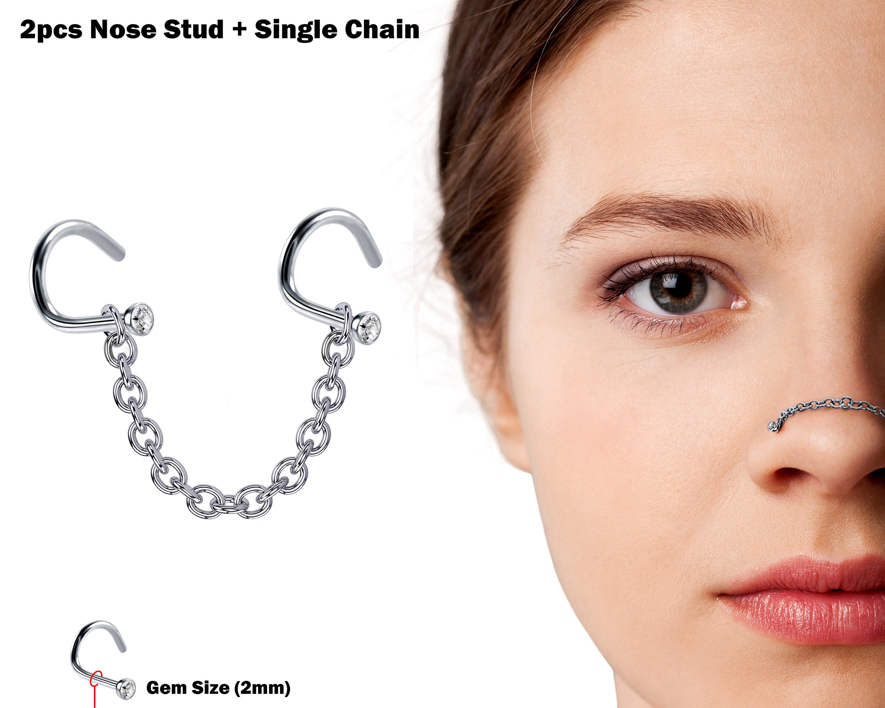 Nostril Screw Studs 2pcs Nostril Studs with Chain Piercing - Titanium 20G Nose Piercing with Gem CZ Crystals Black Nostril Jewelry