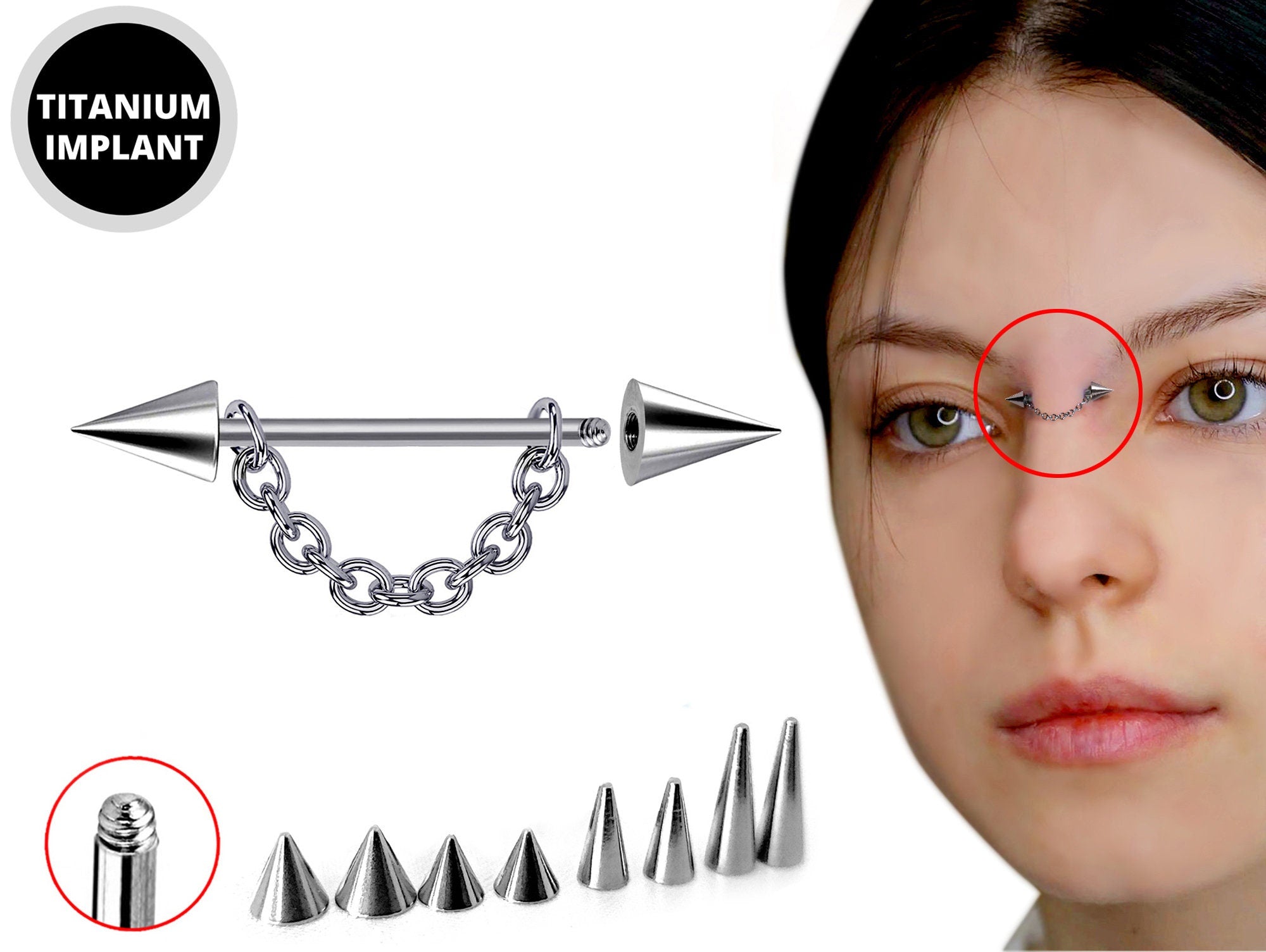 Cone / Spike Nose Bridge Barbell Upper Nose Piercing with Steel Chain - 20G 18G 16G 14G Straight Barbell - Choose Spike and Cone Size