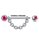 Nose Bridge Barbell Front Gem CZ Crystal, Titanium Barbell Studs with Chain 16g 14g Body Piercing Jewellery - Externally Threaded