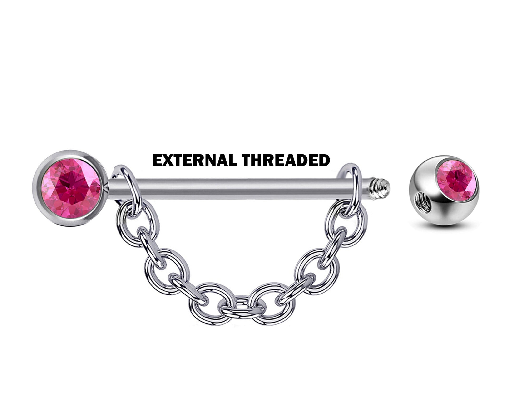 Nose Bridge Barbell Front Gem CZ Crystal, Titanium Barbell Studs with Chain 16g 14g Body Piercing Jewellery - Externally Threaded