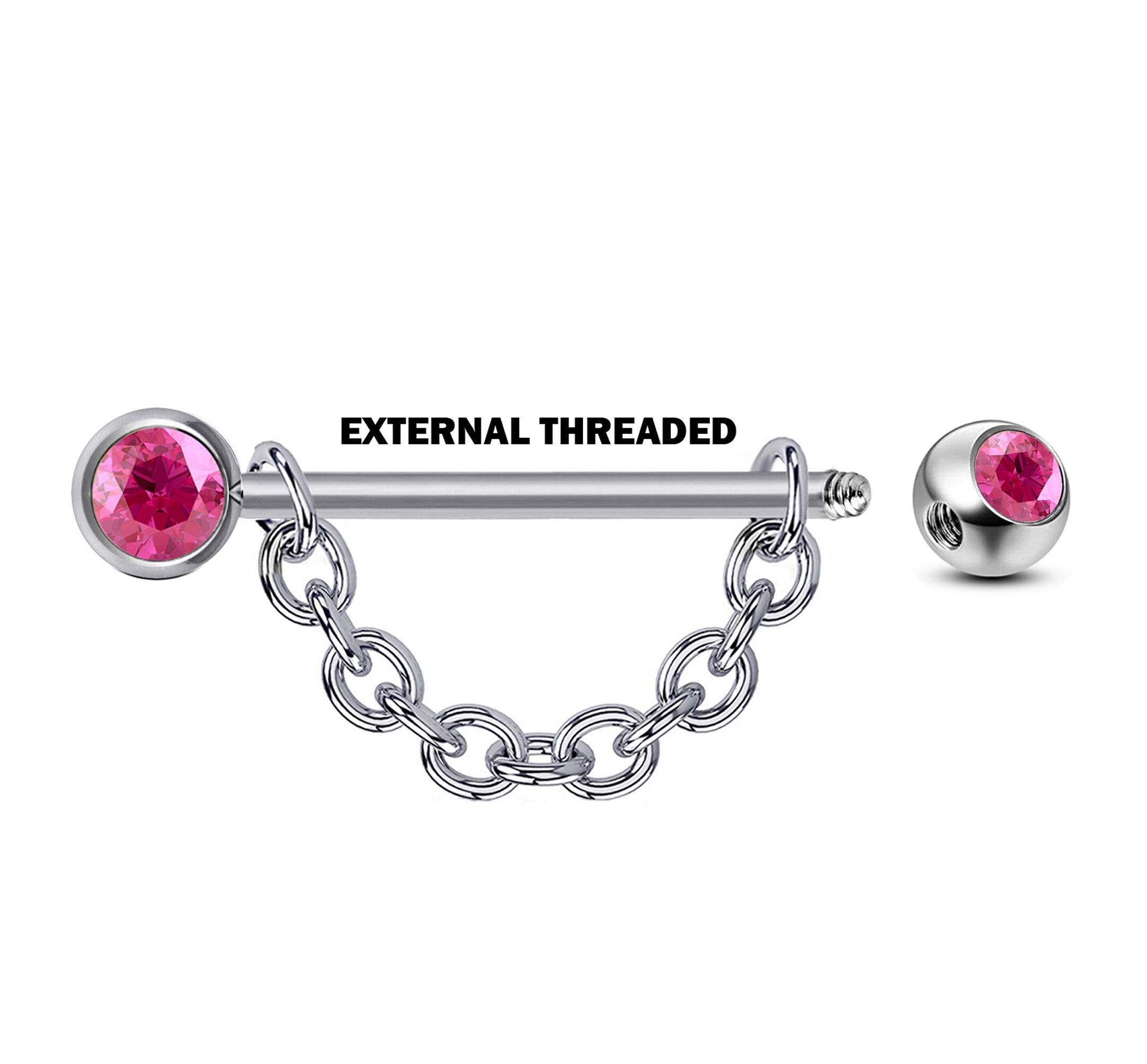 Nipple Barbell Front Gem CZ Crystal with Piercing Chain - Titanium Nipple Jewelry Studs 16g 14g Nipple Shield - Externally Threaded