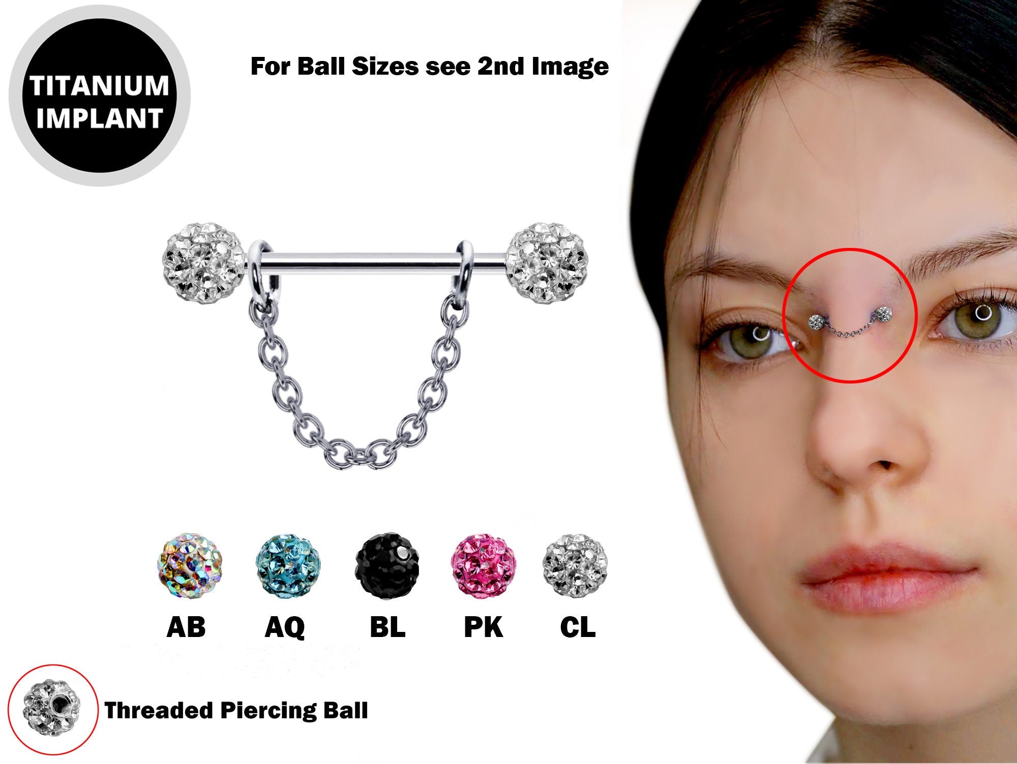 Barbell Bridge Chain Piercing with Disco Ball CZ Crystal, Titanium Barbell Studs 16g 14g Body Piercing Jewellery - Externally Threaded