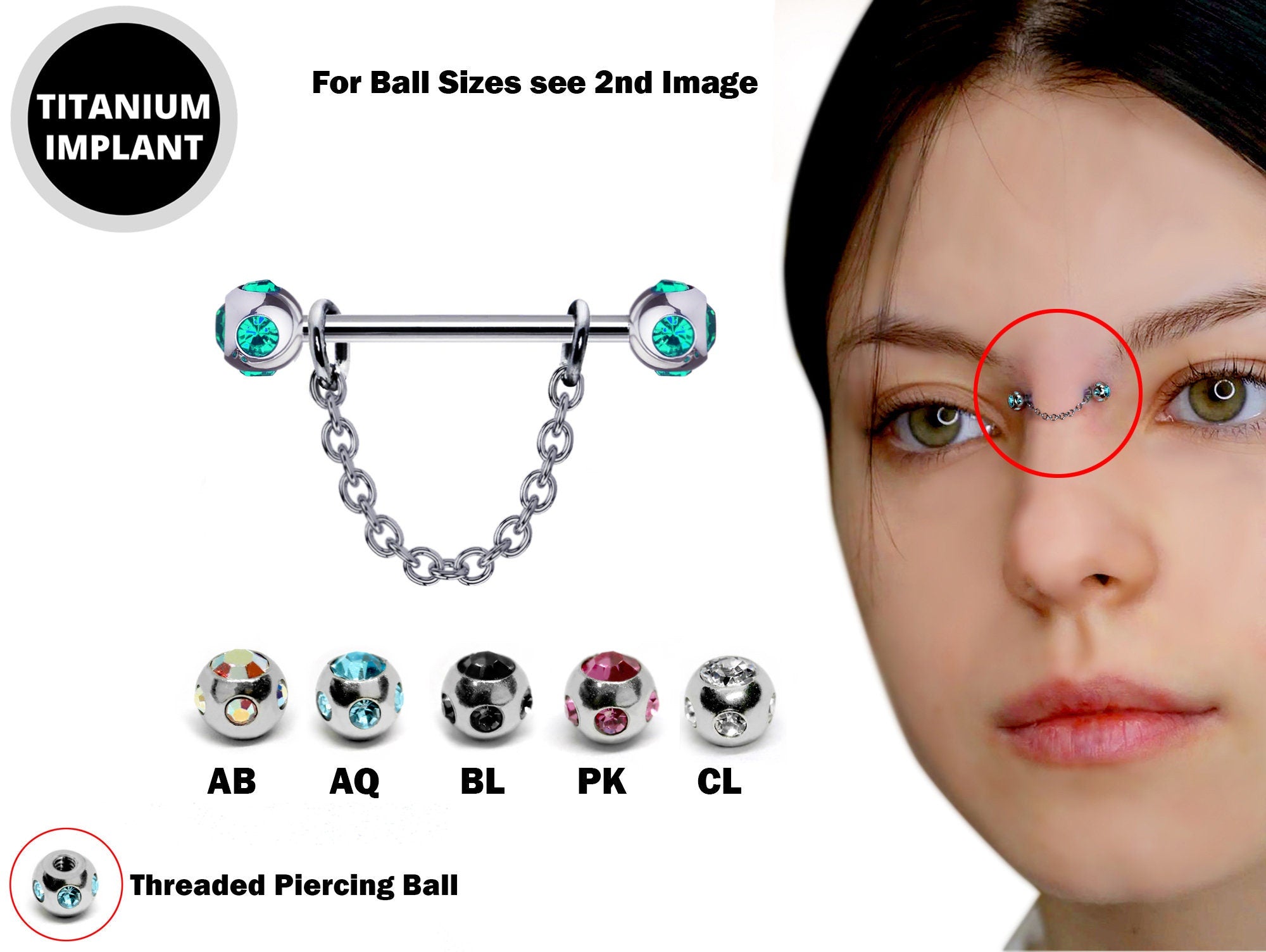 Nose Bridge Jewelry Barbell with Multi Stone Crystal, Titanium Barbell Studs 16g 14g Body Piercing Jewellery - Externally Threaded