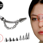 Nose Bridge Curved Barbell Piercing Cone/Spike Bent Bar with Chain Nose Jewelry - Titanium 18G 16G 14G Piercing Also for Lips, Belly, Rook