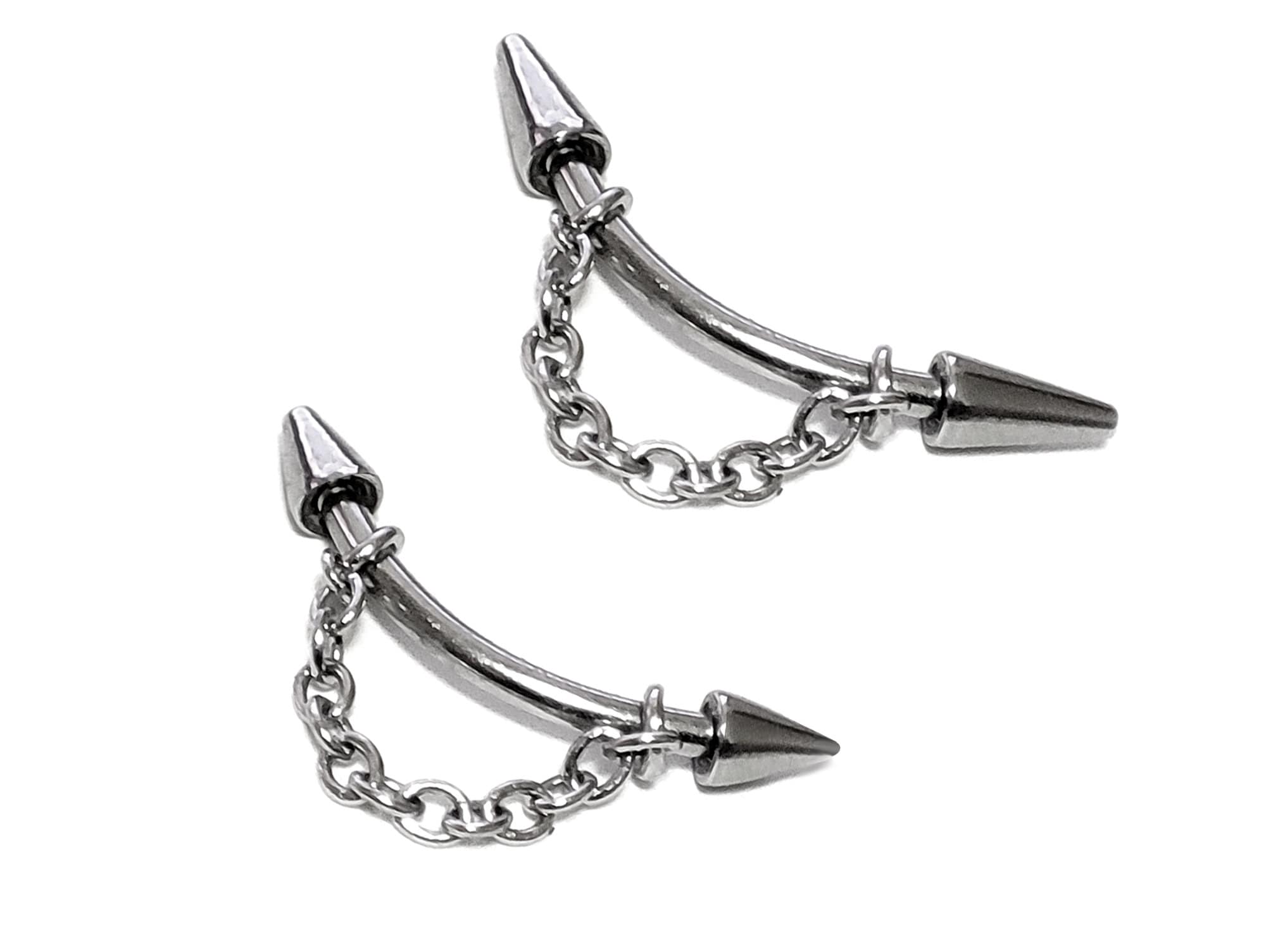 Nose Bridge Curved Barbell Piercing Cone/Spike Bent Bar with Chain Nose Jewelry - Titanium 18G 16G 14G Piercing Also for Lips, Belly, Rook