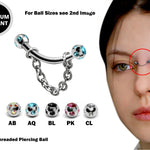 Curved Nose Bridge Piercing with Multi Stone Crystal and Steel Chain - Titanium 18g 16g 14g Curved Bar Piercing also for Eyebrow Lip Barbell