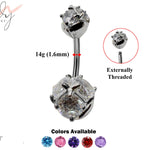 Silver Belly Bars, Navel Ring - Triple Round Crystal Belly Piercing - Prong Setting - Navel Jewelry - 14g (1.6mm) Length is 8mm - 12mm