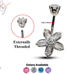 Silver Belly Bars, Navel Ring - 5 Petal Flower Belly Ring with High Quality CZ Crystals - Curved Barbell - 14g (1.6mm) Length is 8mm to 12mm