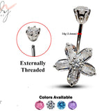 Silver Belly Bars, Navel Ring - 5 Petal Flower Belly Ring with High Quality CZ Crystals - Curved Barbell - 14g (1.6mm) Length is 8mm to 12mm