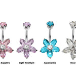 Silver Belly Bars, Navel Ring - 5 Petal Flower Belly Ring with High Quality CZ Crystals - Curved Barbell - 14g (1.6mm) Length is 8mm to 12mm