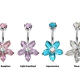 Silver Belly Bars, Navel Ring - 5 Petal Flower Belly Ring with High Quality CZ Crystals - Curved Barbell - 14g (1.6mm) Length is 8mm to 12mm