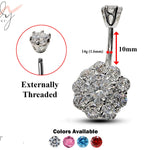 Silver Belly Bars, Belly Piercing - Flower Belly Button Ring with High Quality CZ Crystals - Navel Jewelry - 14g (1.6mm) Length is 10mm