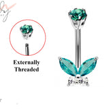 Silver Butterfly Belly Button Ring, Belly Bars- Navel Ring with High Quality Crystals - 14g (1.6mm) Length is 10mm