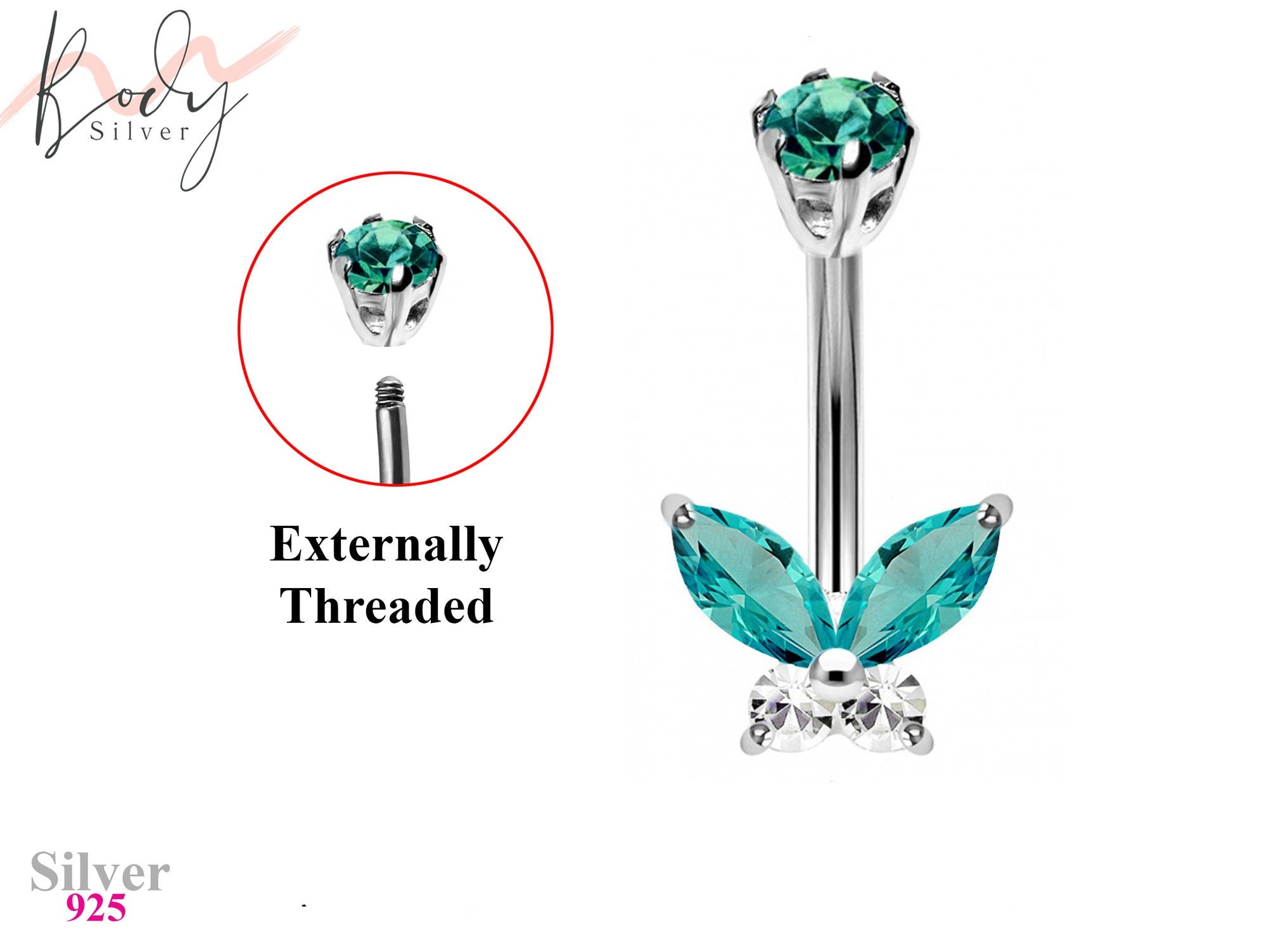 Silver Butterfly Belly Button Ring, Belly Bars- Navel Ring with High Quality Crystals - 14g (1.6mm) Length is 10mm