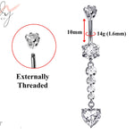 Designer Belly Bars - Silver - Dangle Cute Heart Belly Ring made of CZ Crystals - Navel Ring - 14g (1.6mm) Length is 10mm