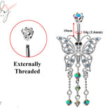 Designer Belly Button Rings- Silver - Dangle Butterfly Design Belly Bars with CZ Crystals- Belly Button Ring - 14g (1.6mm) Length is 10mm