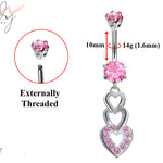 Belly Button Piercing Ring - Silver - 3 Heart Dangle with CZ Crystals Belly Rings - Belly Bar - 14g (1.6mm) Length is 10mm