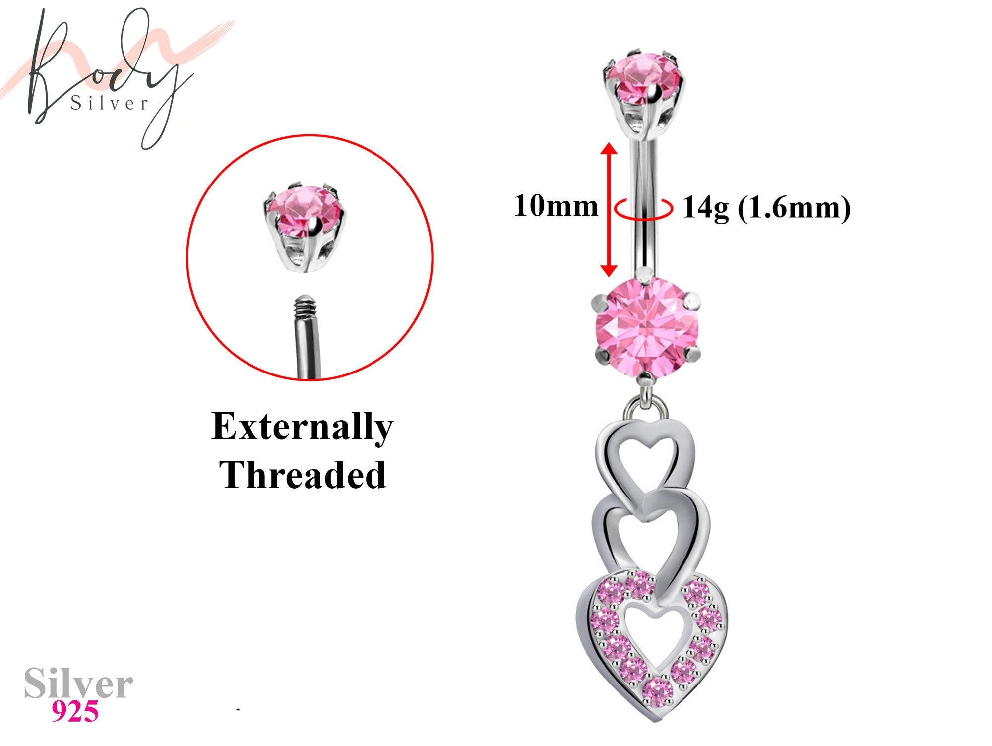 Belly Button Piercing Ring - Silver - 3 Heart Dangle with CZ Crystals Belly Rings - Belly Bar - 14g (1.6mm) Length is 10mm