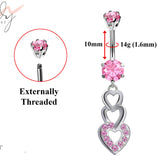 Belly Button Piercing Ring - Silver - 3 Heart Dangle with CZ Crystals Belly Rings - Belly Bar - 14g (1.6mm) Length is 10mm