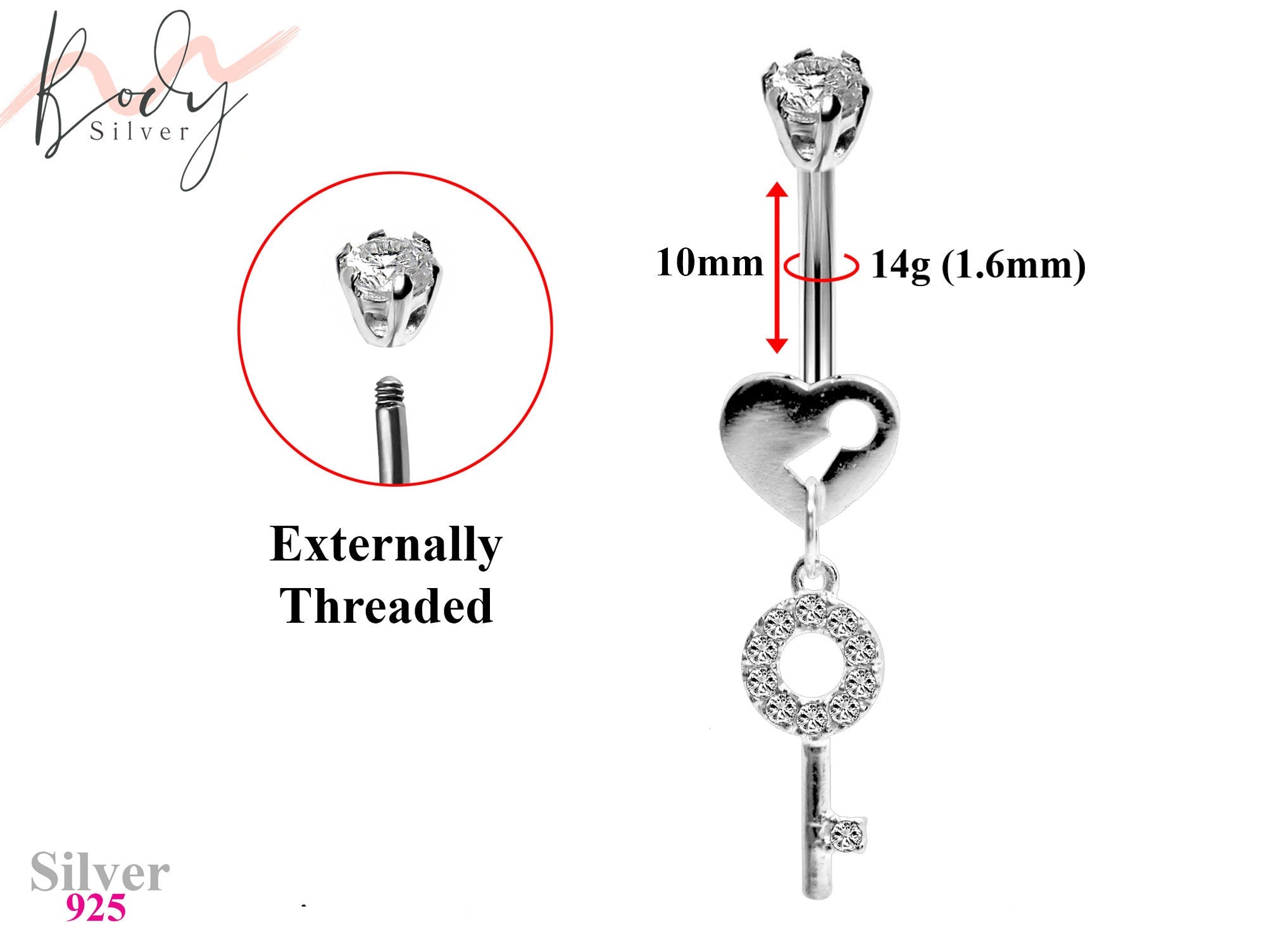 Designer Belly Bars - Silver - Heart Lock and Key Belly Rings with CZ Crystals - Belly Button Ring - 14g (1.6mm) Length is 10mm