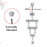 Designer Belly Rings- Silver - Luxury Drop Dangle Chandelier Style Belly Bars with CZ Crystals - Belly Button - 14g (1.6mm) Length is 10mm