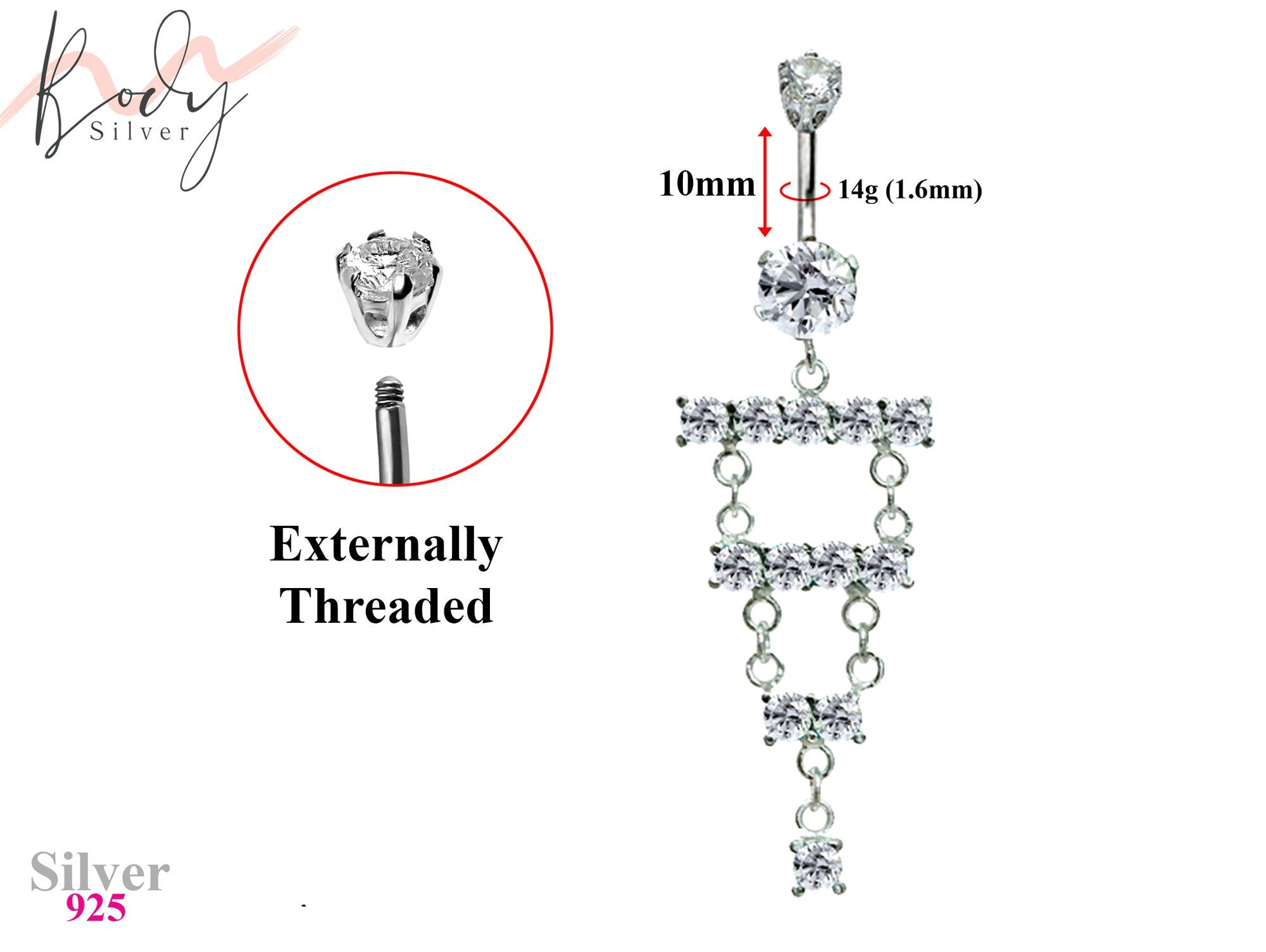 Designer Belly Rings- Silver - Luxury Drop Dangle Chandelier Style Belly Bars with CZ Crystals - Belly Button - 14g (1.6mm) Length is 10mm