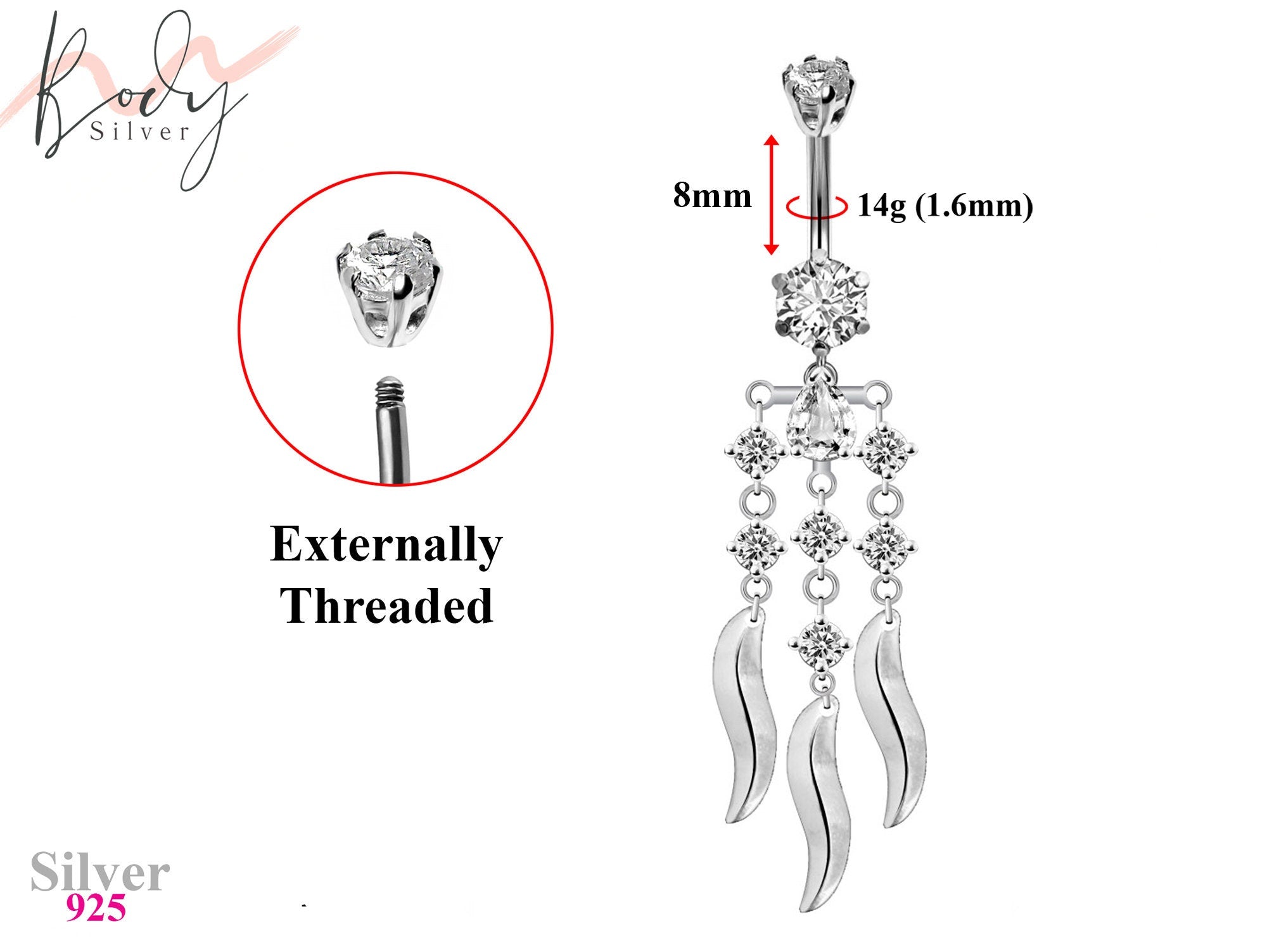 Designer Belly Rings- Silver - Luxury Dangle Chandelier Design Belly Bars with CZ Crystals - Belly Button Ring - 14g (1.6mm) Length is 8mm