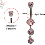 Triple Drop Round Button Piercing ,Belly Rings with CZ Crystals - Designer Belly Bars - Silver - 14g (1.6mm) Length is 10mm