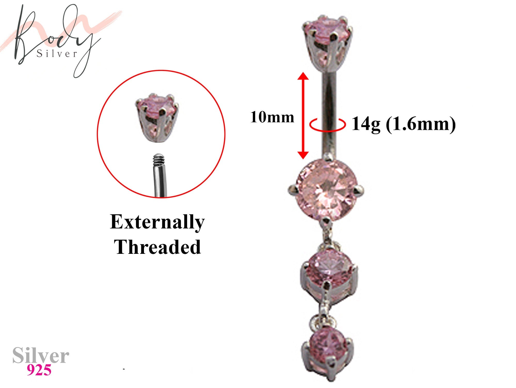 Triple Drop Round Button Piercing ,Belly Rings with CZ Crystals - Designer Belly Bars - Silver - 14g (1.6mm) Length is 10mm