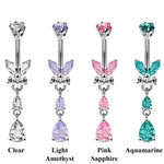 Designer Belly Rings- Silver - Butterfly and Water drop dangle Design Belly Bars with CZ Crystals - Belly Button - 14g (1.6mm) Length is 8mm