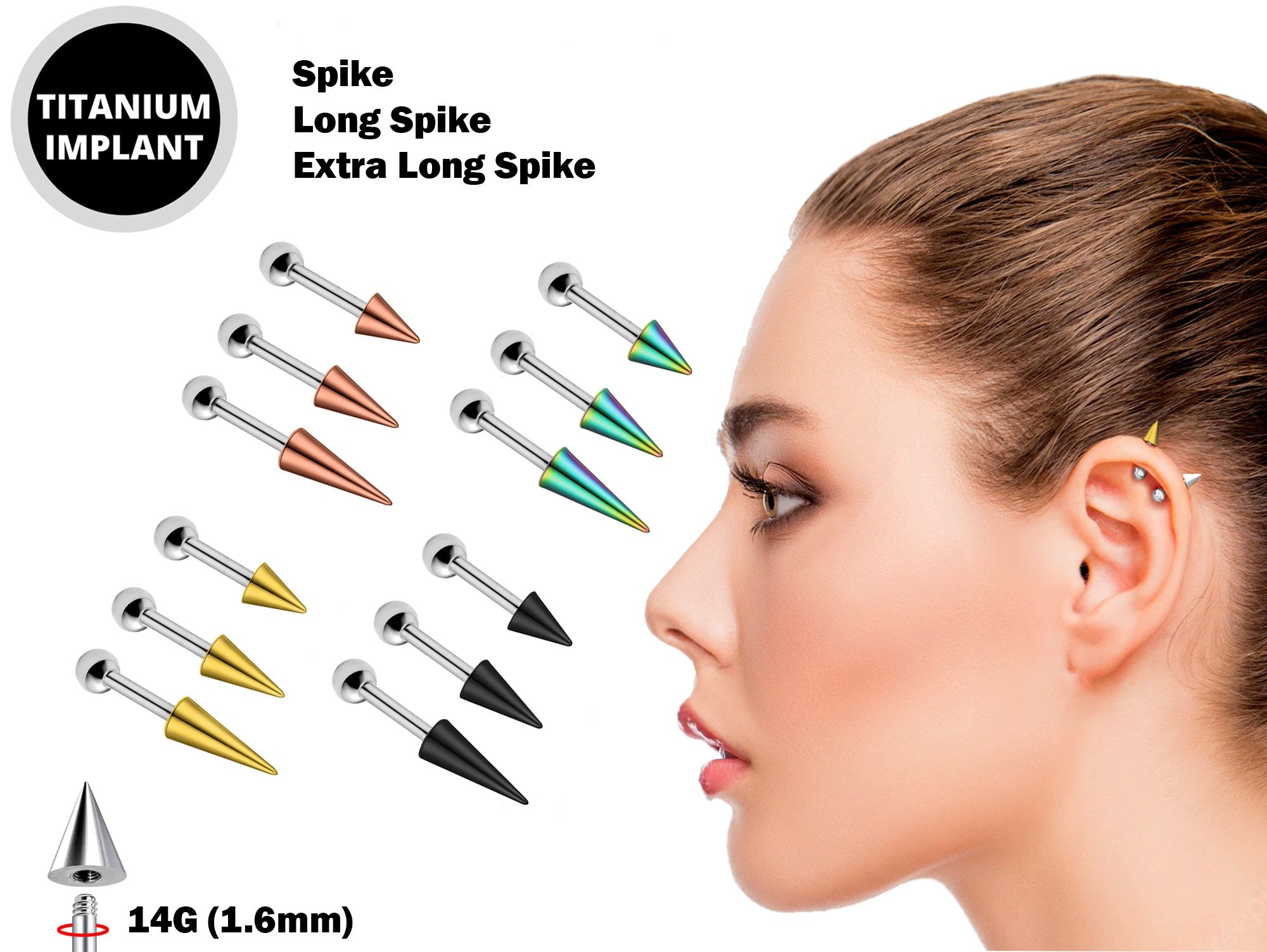 Cartilage Piercing, Spike Helix Earring with Colorful Top Spike, Long Spike & Extra Long Spike Barbell Earring - Titanium 14G (1.6mm)