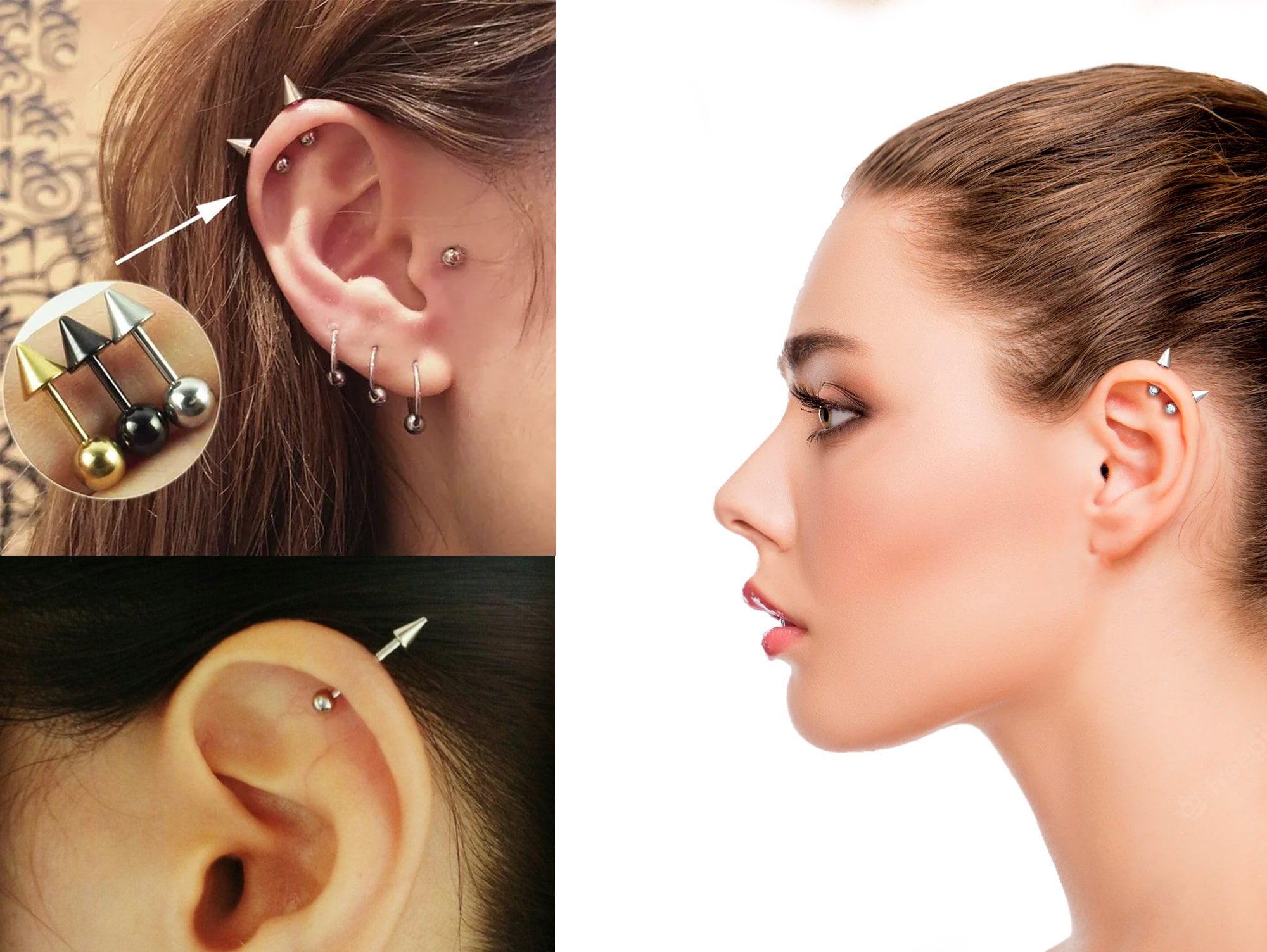 Cartilage Piercing, Spike Helix Earring with Colorful Top Spike, Long Spike & Extra Long Spike Barbell Earring - Titanium 14G (1.6mm)