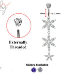 Designer Belly Button Rings- Silver - Triple Flower Design Belly Bars with CZ Crystals - Navel Ring - 14g (1.6mm) Length is 10mm