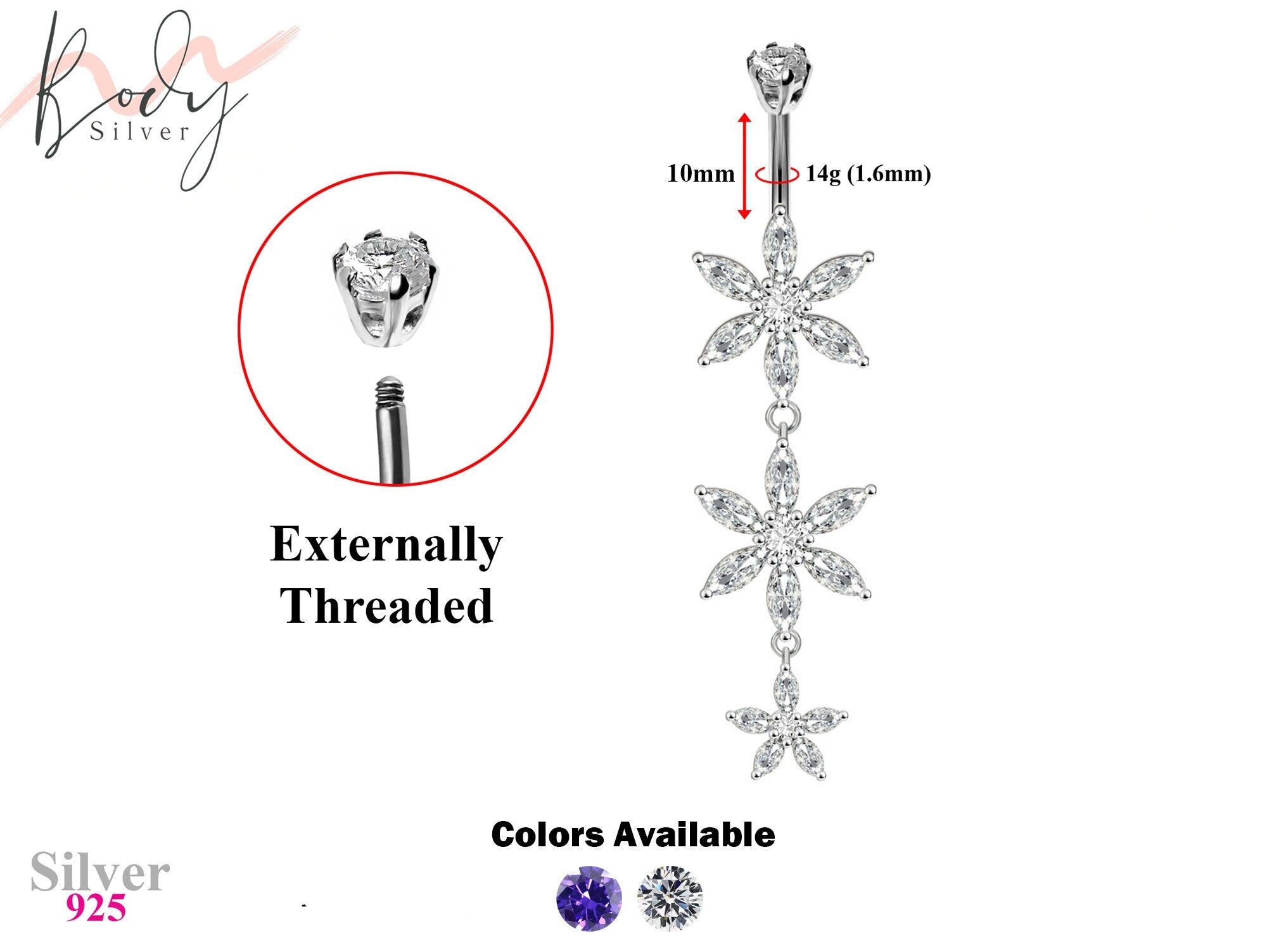 Designer Belly Button Rings- Silver - Triple Flower Design Belly Bars with CZ Crystals - Navel Ring - 14g (1.6mm) Length is 10mm