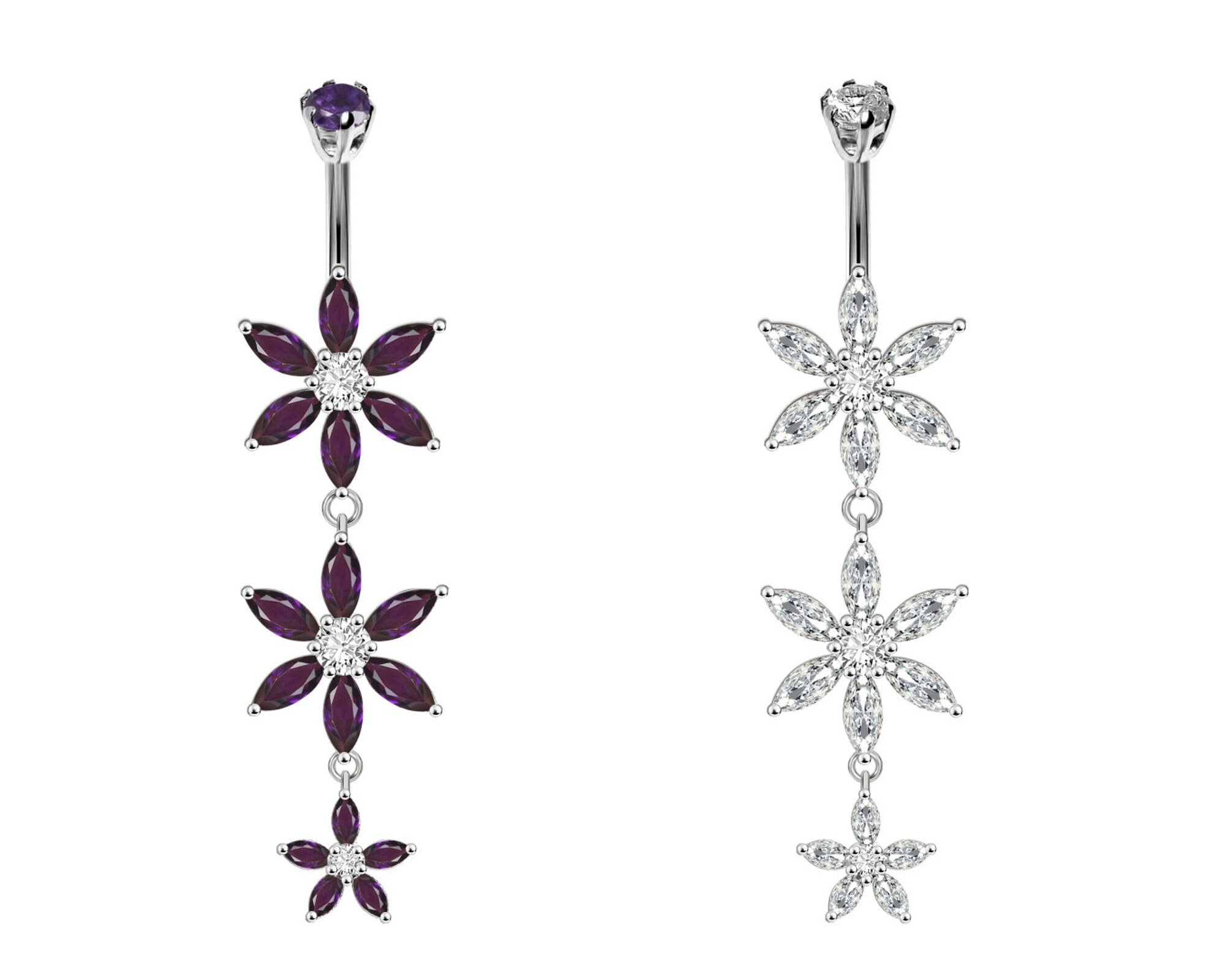 Designer Belly Button Rings- Silver - Triple Flower Design Belly Bars with CZ Crystals - Navel Ring - 14g (1.6mm) Length is 10mm