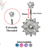 Designer Belly Bars - Silver - Autumn Floral Design Belly Ring with CZ Crystals - Navel Ring - 14g (1.6mm) Length is 10mm