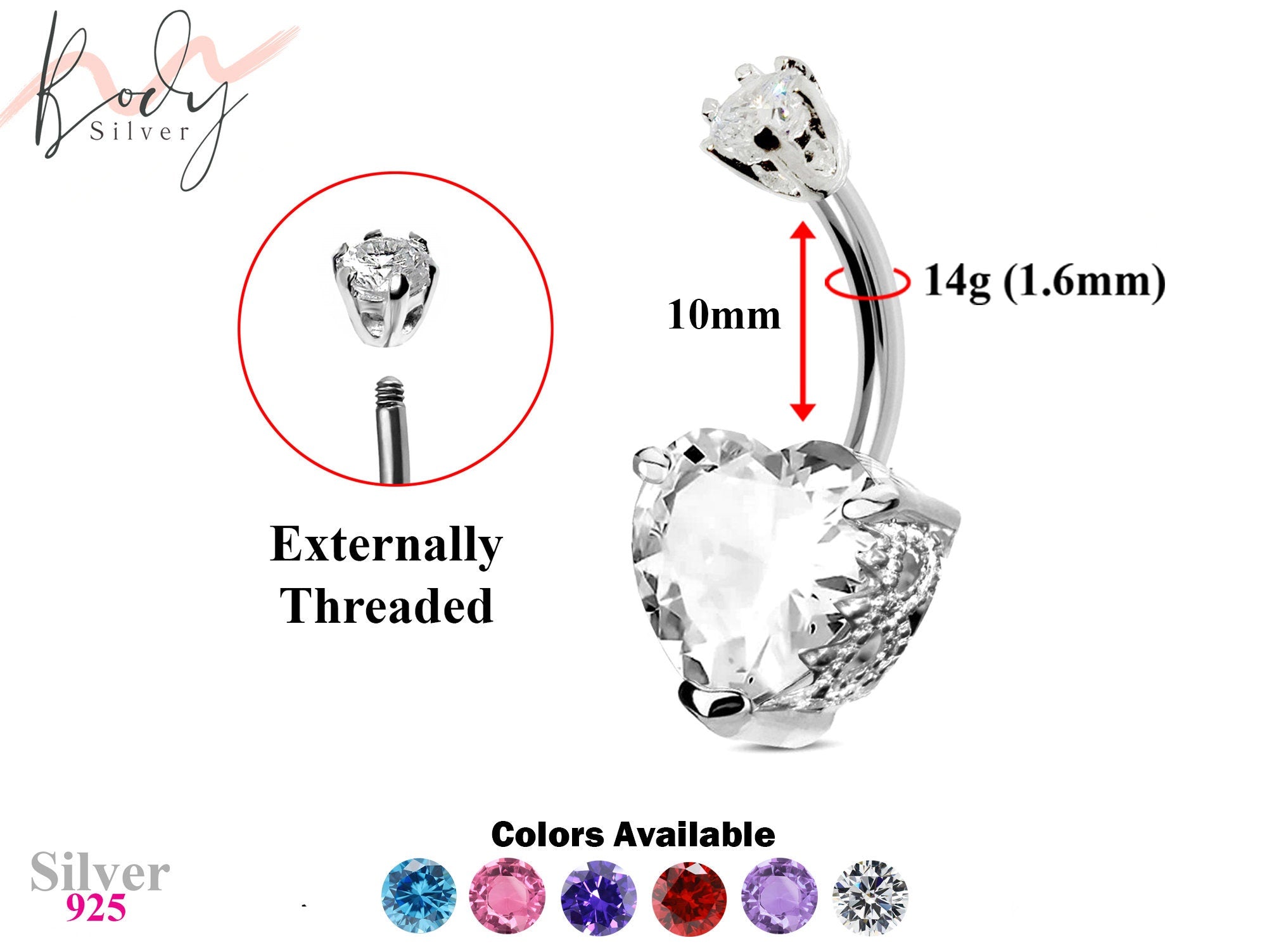 Designer Belly Button Rings- Silver - Heart Design Belly Bars with CZ Crystals - Navel Ring - 14g (1.6mm) Length is 10mm